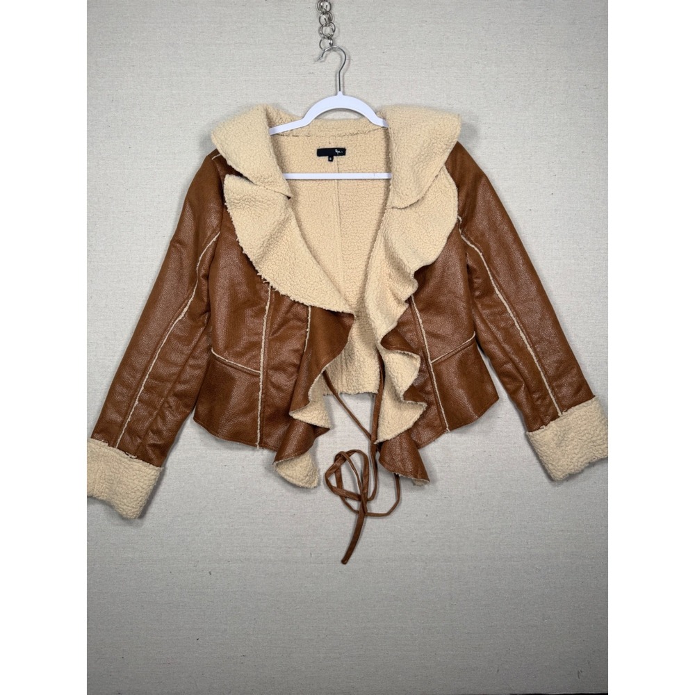 Ryu Faux Leather Sherpa Lined Ruffle Jacket Brown Small RJ4626-F12